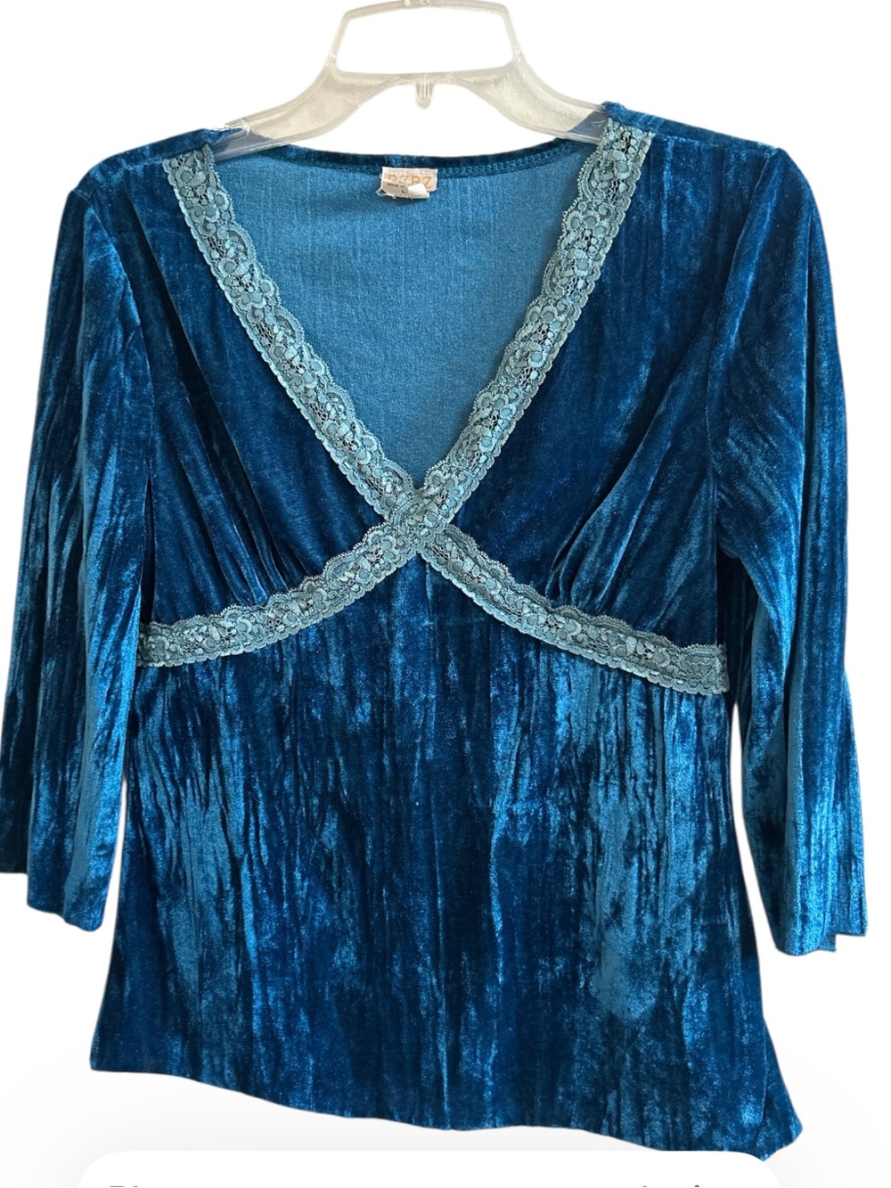VTG Y2K Blue Crushed Velvet Empire Waist Babydoll Top Lace Trim 3/4 Sleeve L